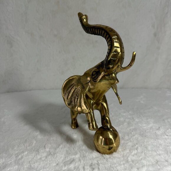 Vintage Brass Elephant Statue With Raised Trunk & Ball contemporary home design - Picture 2 of 8
